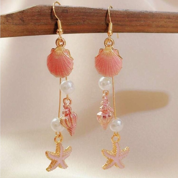 Enameled dangle earrings starfish sea creatures shells pearls mermaid - Picture 7 of 9